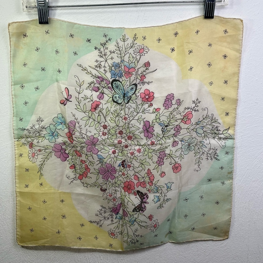 Vintage 60s square silk scarf garden floral butterflies painted hand rolled edge - Picture 11 of 16